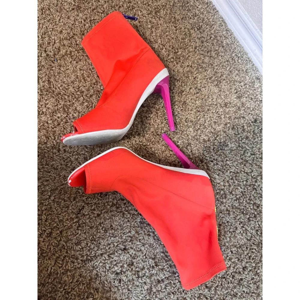 Aldo Neon Orange Sock Boots Peep Toe Stiletto Heel Gogo Retro Zip Womens 9/40